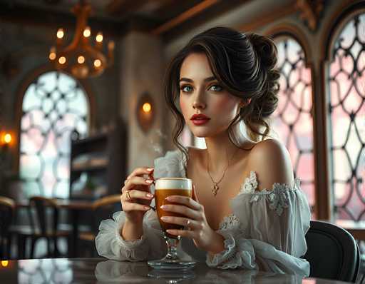 In this AI-generated image, a woman with dark brown hair styled in a bun sits at a table in a coffee shop. She has striking blue eyes and is wearing a white dress with ruffled sleeves that expose her shoulders. Around her neck, she has a gold necklace with a cross pendant. The woman is holding a glass cup filled with a brown liquid, likely coffee, and is gazing directly at the camera. The background features a slightly blurred coffee shop setting with tables, chairs, and a chandelier hanging from the ceiling. Large windows with stained glass designs are visible, adding a touch of color to the scene. The overall composition highlights the woman's elegant appearance and the cozy ambiance of the coffee shop.