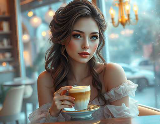 This image is a highly detailed, computer-generated illustration of a young woman with long, dark brown hair styled in an elegant updo with loose waves cascading over her shoulders. She has striking blue eyes, pink lips, and is adorned with a silver necklace featuring a small pendant. The woman is wearing a white dress with ruffled sleeves that extend to her elbows, and she is holding a white coffee cup with a gold rim and saucer. Her nails are painted pink, and she wears two rings on her fingers. She is seated at a table in a cozy café, with the background slightly blurred to emphasize her presence. The café features a chandelier hanging from the ceiling, and large windows that reveal a rainy day outside, with cars and trees visible through the glass. The interior of the café includes a bookshelf, a table with a chair, and a shelf with various items, adding to the warm and inviting atmosphere.