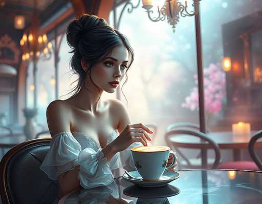 In this AI-generated image, a woman with dark brown hair styled in a bun sits in a cozy café. She is wearing a white, lacy dress with puffy sleeves that extend to her elbows, and she has a gold earring in her right ear. Her makeup is meticulously done, featuring red lipstick and blue eyes. She holds a white coffee cup with a gold rim and matching saucer in her left hand, while her right hand rests on the table. The café around her is warm and inviting, with a chandelier hanging from the ceiling and candles on the tables. Large windows reveal a misty, foggy day outside, with a tree adorned with pink flowers visible in the background. The scene is bathed in a soft, yellow light, adding to the serene and intimate atmosphere.