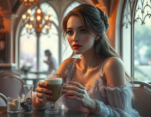 In this AI-generated image, a woman with long, brown hair styled in a half-up, half-down manner sits at a table in a cozy restaurant. She is wearing a white dress adorned with lace details and a delicate necklace. Her makeup is meticulously applied, featuring red lipstick and blue eyes. She holds a glass cup filled with a brown liquid topped with white foam, possibly a latte or hot chocolate. The table is set with a small candle in a glass holder and a glass of water. The background reveals a large window with a decorative metal frame, through which daylight streams in, illuminating the scene. A chandelier hangs from the ceiling, adding to the warm ambiance. The woman gazes off to the left, seemingly lost in thought.