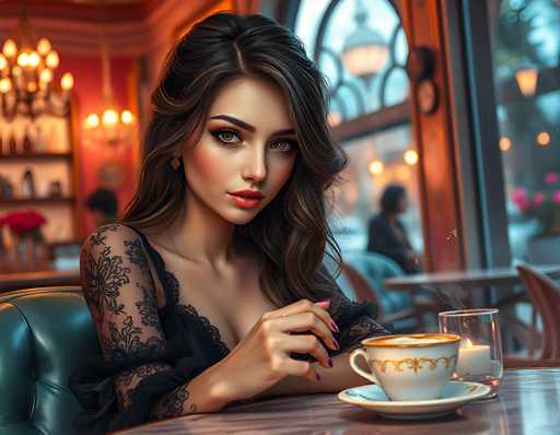 This image is a highly detailed, computer-generated illustration of a young woman with long, dark brown hair and hazel eyes, sitting in a cozy restaurant booth. She is wearing a black lace dress with sheer sleeves adorned with floral patterns, and her nails are painted a vibrant purple. The woman is holding a white coffee cup with gold designs, and a lit candle in a glass holder sits beside her on the table. She is looking directly at the viewer with a neutral expression, her makeup meticulously applied, featuring red lipstick and blush. The background is softly blurred, revealing a warm, inviting setting with a chandelier, shelves, and other diners. A window to the right offers a glimpse of the street outside, adding to the intimate and serene atmosphere of the scene.