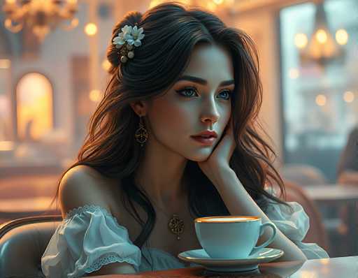 The image depicts a young woman, likely in her early 20s, seated in a cozy restaurant or café. She has long, dark brown hair adorned with a white flower and a few other decorative elements. Her makeup is subtle yet elegant, featuring light pink lipstick and blue eyes accentuated by eyeliner. She wears a delicate, off-the-shoulder white blouse with puffy sleeves and a gold necklace with a circular pendant. The woman is holding a white teacup with a gold rim, resting it on a matching saucer. She appears to be gazing off into the distance, lost in thought. The background is softly blurred, revealing tables, chairs, and a window with a chandelier hanging above, adding to the warm and inviting atmosphere of the setting.
