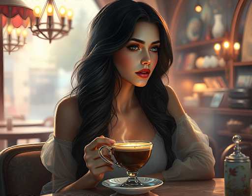 The image depicts a highly detailed, computer-generated scene of a woman seated at a table in a cozy, well-lit café. She has long, wavy black hair cascading down to her chest and is wearing a white, lacy top with puffy sleeves that expose her shoulders. Her striking blue eyes and red lipstick add to her captivating appearance. The woman is holding a large, clear glass mug filled with a brown liquid, likely coffee, which has a frothy top and is emitting steam. The mug rests on a white saucer. 

In the background, there is a chandelier with yellow lights hanging from the ceiling, casting a warm glow over the scene. To the right of the woman, a shelf is filled with various items, including books, vases, and decorative objects. A small lamp on the shelf adds to the cozy ambiance. The table she is sitting at is brown, and the chair she occupies has a brown cushion with a white flower design. The overall setting is bright and inviting, with the focus clearly on the woman enjoying her drink in this charming café environment.