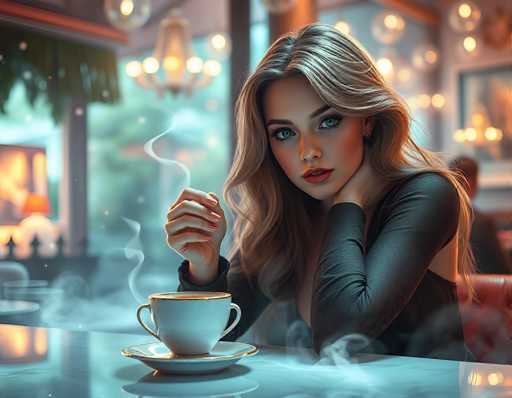 In this AI-generated image, a woman with long blonde hair and blue eyes is seated at a table in a restaurant. She is wearing a black shirt and holding a cup of coffee with steam rising from it. The background features a chandelier and other dining tables, creating a cozy atmosphere. The woman's face appears slightly distorted, with an unnatural nose and mouth, and her hand holding the coffee cup looks oddly shaped. The overall scene has a surreal quality, with the woman's features and surroundings not quite matching up to realistic proportions.
