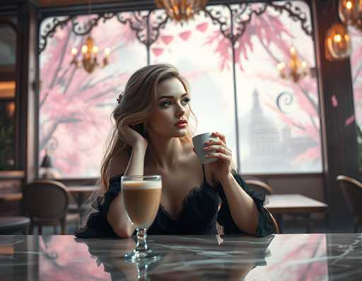 In this AI-generated image, a woman with long blonde hair and blue eyes is seated at a shiny black marble table in a cozy café. She is wearing a black lace dress with sleeves that reach her elbows and is holding a gray coffee cup in her left hand. Her right hand is resting on her head, and she gazes off to the right. In front of her on the table is a glass filled with a brown liquid, possibly coffee or hot chocolate, topped with a layer of white foam. The café features a large window with black metal frames, through which a pink cherry blossom tree and a building are visible. The café's interior includes several tables and chairs, and the background is adorned with hanging lights and a chandelier, adding to the warm and inviting atmosphere.