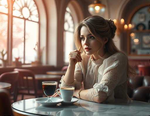 In this AI-generated image, a young woman with long blonde hair styled in a bun sits at a round table in a cozy restaurant. She is wearing a white lace dress with short sleeves and a high neckline, accessorized with a bracelet on her right wrist. Her right arm is bent, with her hand resting near her chin, while her left arm is also bent, with her elbow on the table. In front of her, there is a white coffee cup on a saucer and a clear glass filled with a dark liquid, possibly coffee or wine. The table is set with a fork, and the background features a mix of brown leather and red chairs. The restaurant's ambiance is enhanced by large arched windows with stained glass, a chandelier hanging from the ceiling, and a blurred display case filled with various items. The overall scene is warm and inviting, with the soft glow of sunlight filtering through the windows, creating a serene atmosphere.