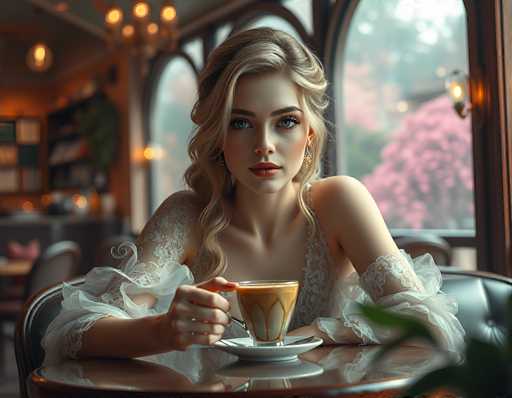 In this AI-generated image, a young woman with blonde hair styled in a half-up, half-down manner sits in a cozy restaurant booth. Her hair is elegantly pulled back, with soft curls framing her face. She has striking blue eyes and is wearing a white lace dress with off-the-shoulder sleeves that extend to her elbows. The dress features intricate lace detailing on the shoulders and chest, adding a touch of sophistication to her look. She holds a cup of coffee, gazing directly at the camera with a serene expression. The restaurant's ambiance is warm and inviting, with large windows that offer a view of lush greenery outside. The background is softly blurred, highlighting the woman as the focal point of the image.