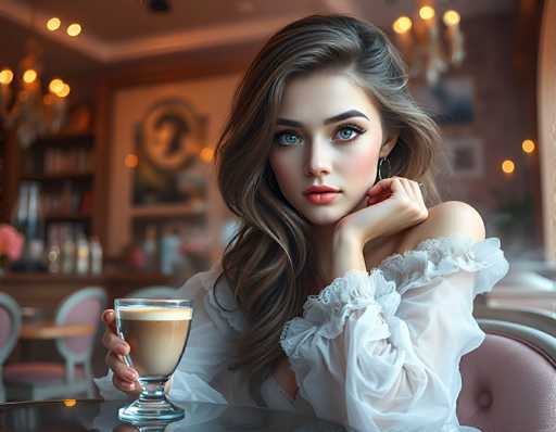 In this AI-generated image, a young woman with long, wavy brown hair and striking blue eyes is seated at a table in a cozy restaurant. She is wearing a white, lacy dress with off-the-shoulder sleeves and silver hoop earrings. Her right hand holds a glass cup filled with a brown liquid, possibly coffee or hot chocolate, while her left hand rests on her chin. The background is softly blurred, featuring a chandelier, a bookshelf, and other tables with chairs, adding to the intimate ambiance of the scene. The woman's expression is neutral, and she gazes directly at the camera, creating a captivating focal point in the image.