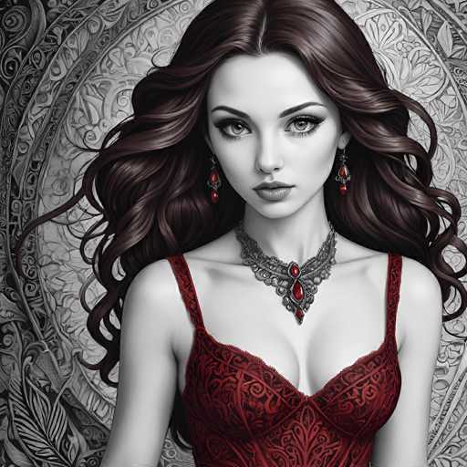 This image features a striking, computer-generated portrait of a woman with long, wavy brown hair. She is adorned in a red dress with thin straps, which contrasts beautifully with her fair skin. Around her neck, she wears a silver necklace embellished with red jewels, and matching red earrings complete her elegant look. The background is a detailed black and white design, adding depth and contrast to the vibrant colors of her attire. The woman's expression is serious, and she gazes directly at the viewer, creating a captivating and somewhat mysterious atmosphere.