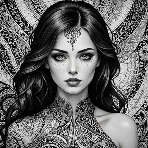 The image is a black and white portrait of a woman with long hair styled in loose waves. The woman's face features a large nose and a small eye, adding to her striking appearance. She wears a necklace that includes a pendant shaped like a bird. The background behind the woman is filled with intricate patterns and designs, creating an artistic and visually appealing composition.