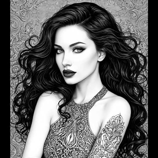 This black and white illustration features a woman with long, wavy black hair that cascades down to her waist. She is depicted from the chest up, with her head slightly tilted to the left, gazing directly at the viewer. Her hair is parted on the right side, and she has thick black eyebrows and dark, possibly gray eyes. Her lips are painted a deep black, adding a striking contrast to her pale skin.

The woman is wearing a sleeveless top with a high neckline that wraps around her neck. The top is intricately designed with swirling patterns and features a prominent teardrop shape in the center. Her left arm is adorned with a detailed black and white tattoo, resembling a plant with leaves and stems.

The background is a light gray, embellished with swirling patterns that complement the ornate design of her top. The overall composition of the image is highly detailed and symmetrical, creating a visually captivating portrait.