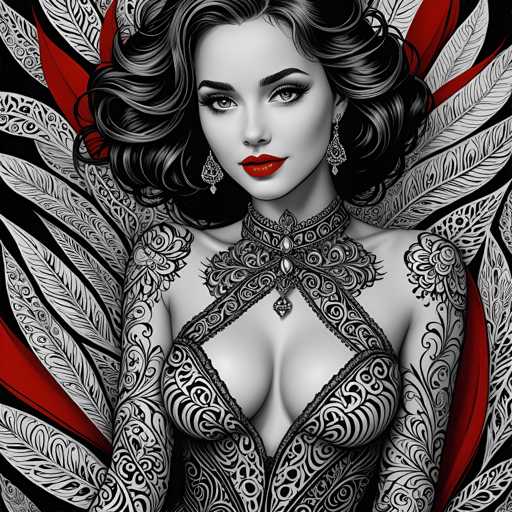 The image depicts a woman with long dark hair wearing a black and white dress adorned with red accents. She is positioned against a backdrop of red leaves, creating a striking contrast between the woman's dark hair and the vibrant red leaves. The woman has her arms crossed in front of her, adding to the overall composition of the image.