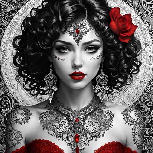 The image depicts a woman with long curly hair wearing a red headband and earrings. She is adorned with a necklace featuring intricate designs and has a large rose pinned to her hair. The background features a black and white patterned design that complements the overall aesthetic of the piece.