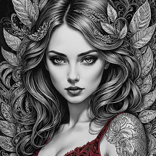 This black and white illustration features a young woman with long, wavy hair that cascades down to her chest. She is adorned with an elaborate headpiece made of leaves and flowers, intricately woven into her hair. Her eyes are accentuated with heavy eye makeup, and her lips are painted a striking red, adding a pop of color to the monochromatic scene. She wears a red lace tank top that contrasts vividly against the grayscale background. Her right shoulder is covered in a detailed black and white tattoo, resembling a butterfly with intricate patterns. The woman gazes directly at the viewer, her expression serene yet captivating. The background is a deep black, which enhances the dramatic effect of the red accents and the intricate details of her hair and tattoo.