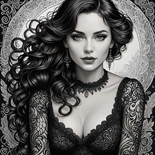 This black and white AI-generated image depicts a woman with long, wavy hair that cascades down to her waist. She is adorned in a black lace dress, which features intricate patterns and a deep neckline that reveals a significant amount of cleavage. The dress is complemented by a choker necklace that sits snugly around her neck. Her facial features are striking, with full lips and a defined jawline, though her eyes appear slightly misaligned, giving her a somewhat surreal expression. She wears earrings that dangle elegantly from her ears. The background is a complex tapestry of swirling patterns and floral motifs, adding to the image's intricate and somewhat dreamlike quality.