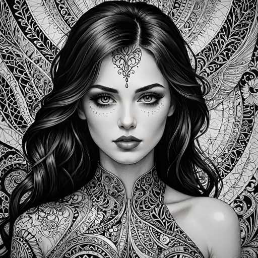 This black and white illustration features a young woman with long, wavy black hair adorned with intricate, ornate patterns. Her hair is parted in the middle, and she has a distinctive heart-shaped design on her forehead, with a teardrop hanging from the bottom of the heart. She has large, expressive eyes and full lips, and her face is framed by dark eyebrows. Her cheeks are decorated with small dots, reminiscent of freckles or artistic embellishments. She is wearing a high-necked garment that covers her neck and shoulders, leaving her left shoulder bare. The background is filled with elaborate, swirling patterns that resemble feathers or leaves, creating a visually captivating and detailed composition.