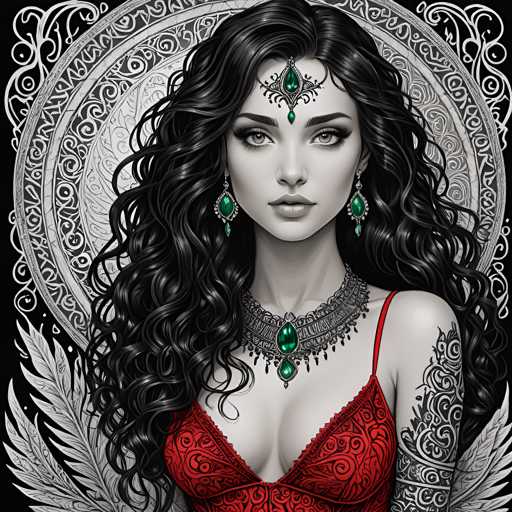 The image depicts a woman with long dark hair wearing a red dress and earrings. She is positioned against a black background adorned with white swirls and lines, creating an abstract pattern that adds depth to the scene. The woman's gaze is directed towards the camera, suggesting she is aware of her surroundings or posing for the photo.