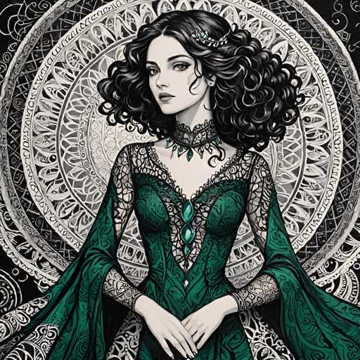 This image is a detailed, computer-generated illustration of a woman with a striking appearance. She has long, curly black hair adorned with a small headband featuring blue jewels. Her face is rendered in black and white, with a subtle touch of color on her lips. She wears a high-necked choker necklace, also in black and white, with blue jewels hanging from it. Her dress is a rich green color, intricately designed with lace sleeves and a lace bodice. The dress features a deep V-neck adorned with three blue jewels, and the lower part of the dress is embellished with additional lace details. The woman's hands are positioned in front of her, with her right hand resting on her left. The background is a black and white patterned design, adding to the overall elegance and contrast of the image.