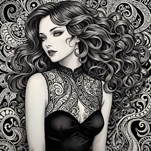 This black and white illustration features a woman with an intricate, swirling background that complements her elaborate attire. She is dressed in a sleeveless black dress adorned with a matching pattern of swirls and circles, creating a cohesive and visually striking ensemble. The woman has long, flowing hair that cascades down her back, adding to the overall elegance of the image. Her facial features are distinct, with a pointed nose and full lips, and she gazes directly at the viewer, creating a captivating and engaging portrait.