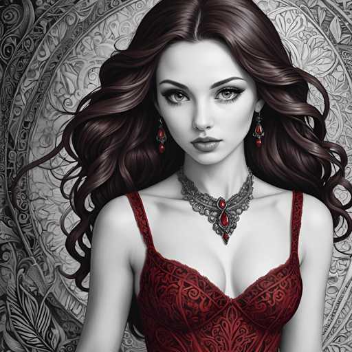 A woman with long brown hair is wearing a red dress and earrings against a black and white background featuring a floral pattern.