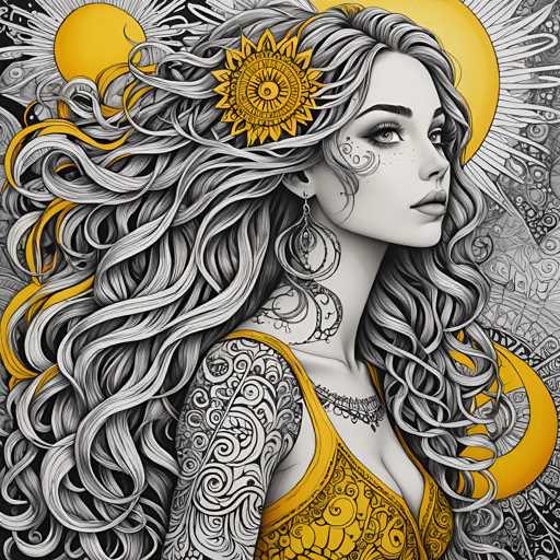 The image is a black and white illustration featuring a woman with long, curly hair adorned with a flower on her head. The woman's face is partially obscured by the flower, adding an air of mystery to her appearance. She is wearing a yellow dress that contrasts with the monochrome background. The background is filled with intricate patterns and designs, creating a sense of depth and complexity in the image.