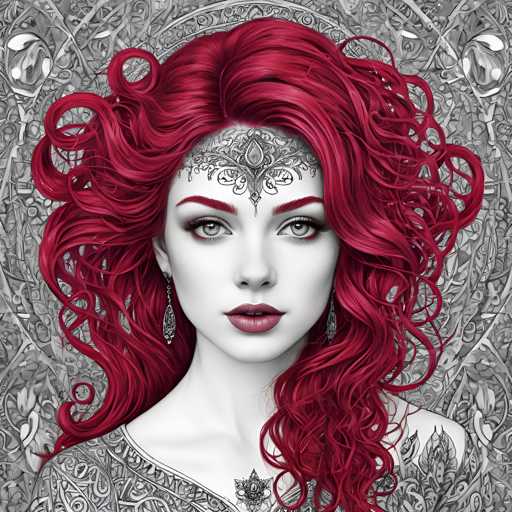 The image depicts a woman with long red hair styled in loose curls and wearing a headband adorned with intricate designs. The background features a black and white patterned design that complements the overall color scheme of the image.