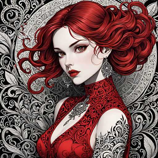 This image features a striking, computer-generated portrait of a woman with vibrant red hair, styled in a dramatic, voluminous updo. Her hair cascades down in loose waves, framing her face and adding to her captivating appearance. She has a fair complexion and is adorned with large, teardrop-shaped earrings that dangle elegantly from her ears. Her eyes are a mesmerizing brown, accentuated by bold red lipstick that complements her fiery hair.

The woman is dressed in a form-fitting, sleeveless red dress that features intricate black swirls and patterns, adding depth and texture to the garment. The dress is designed with a deep V-neckline that reveals a hint of cleavage, and it has a high collar that sits snugly around her neck. A silver necklace with a teardrop-shaped pendant adorns her neck, adding a touch of elegance to her ensemble.

Her left arm is visible, showcasing a black and white tattoo that mirrors the intricate swirls and patterns of her dress, creating a cohesive and visually stunning look. The background of the image is a stark black and white, filled with swirling patterns that contrast beautifully with the woman's vivid red attire and hair, making her stand out even more prominently.