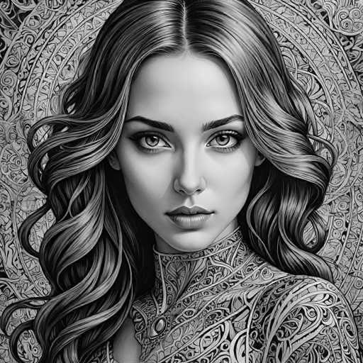 This black and white illustration features a young woman with long, wavy hair cascading down to her chest. She has a fair complexion and is adorned in a high-necked garment embellished with intricate, swirling patterns that extend over her shoulders. Her facial features are striking, with large, expressive eyes framed by thick eyebrows and long eyelashes. She has a full, slightly parted mouth and a delicate nose. The background is filled with elaborate, swirling designs that complement the ornate nature of her attire, creating a cohesive and visually captivating composition.