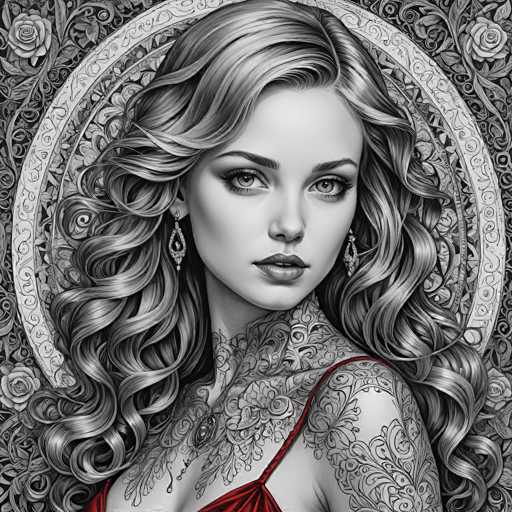 This image features a striking, computer-generated portrait of a woman with long, wavy hair cascading down to her waist. She is adorned in a red dress with thin straps, which reveals intricate black and white tattoos that cover her neck and shoulder. The woman's face is rendered in black and white, with her eyes appearing gray, adding a surreal touch to her expression. She gazes directly at the viewer, her lips slightly parted. The background is a rich tapestry of black and white floral patterns, interspersed with roses and leaves, creating a visually captivating contrast. A prominent white ring encircles her head, adding an element of mystique to the composition. The overall effect is a mesmerizing blend of realism and fantasy, with the woman's body seemingly emerging from the floral backdrop.