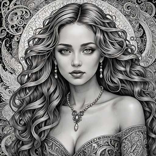 This black and white illustration features a young woman with long, wavy hair cascading past her shoulders. She has a fair complexion and is adorned with a pearl necklace and matching pearl earrings. Her attire includes a low-cut dress embellished with intricate patterns, and she wears a sheer, lace-like material over her arms. The background is richly detailed with ornate, swirling designs reminiscent of leaves and feathers, creating a sense of movement and depth. A large, circular element with a similar intricate pattern is positioned behind her head, adding to the overall elaborate and artistic composition of the image.