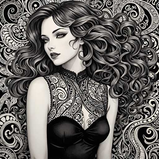 The image depicts a woman with long, curly hair wearing a black dress adorned with intricate lace patterns on the bodice and skirt. The background features a black and white patterned design that adds depth to the scene.