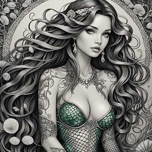 The image depicts a woman with long, flowing hair and tattoos on her arms and neck. She is wearing a green dress that has a fishnet design. The background features a floral pattern in black and white.