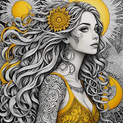 This image is a highly detailed, computer-generated illustration of a woman with an intricate and ethereal design. The woman, who appears to be in her early 20s, has long, wavy hair that cascades down to her waist, predominantly gray with hints of yellow. Her hair is adorned with a large, ornate yellow sunflower clip on the left side. She has a light complexion and is wearing a yellow tank top with a deep neckline, revealing her cleavage. The tank top features a black and white patterned design, complemented by a matching choker necklace. Her face is decorated with freckles and intricate swirls, particularly around her eyes and cheeks, and she wears long, dangly earrings. The woman's body is covered in black and white tattoos, including a prominent one on her right shoulder and arm. The background is a blend of black and white, with a yellow sun and crescent moon adding to the mystical atmosphere. The overall composition is rich in detail, with the yellow elements of her clothing and accessories standing out against the monochromatic backdrop.