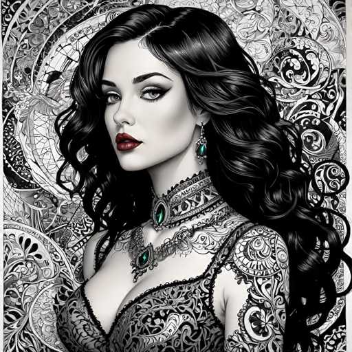 This image features a striking black and white portrait of a woman, accentuated with vibrant red lipstick. The artwork is predominantly monochromatic, with the exception of her lips and a few pieces of jewelry. The woman's long, wavy black hair cascades down, framing her face. She is adorned with a choker necklace and a second necklace that features a prominent green gem. Her earrings also display green stones, adding a touch of color to the composition. She wears a black dress with intricate designs, which complements the elaborate patterns in the background. The backdrop is a swirling mix of black and white, with various shapes and lines that create a dynamic and visually captivating setting. The woman's gaze is directed to the left, adding a sense of mystery and intrigue to the portrait.