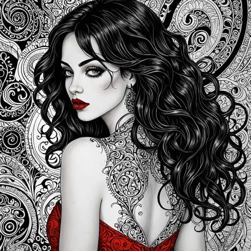 The image depicts a woman with long dark hair wearing a red dress and has a tattoo on her back. The background is black and white, featuring intricate designs that add depth and texture to the scene.