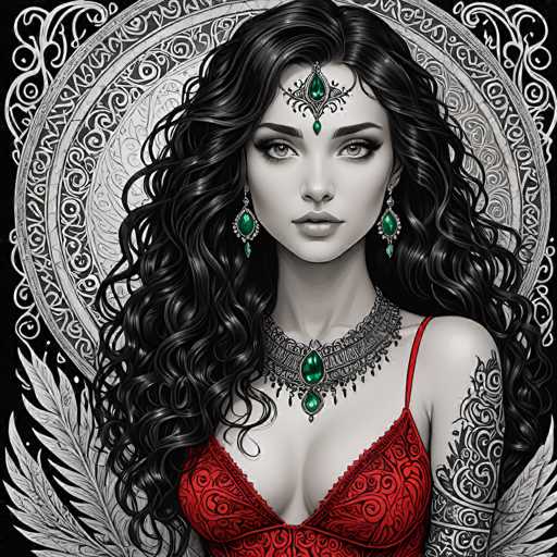 This image features a striking, computer-generated depiction of a woman with long, wavy black hair. She is adorned with an ornate headpiece that includes a prominent green jewel at its center, flanked by two smaller green jewels. Her eyes are accentuated with thick black eyeliner, and she wears a subtle shade of lipstick. The woman is dressed in a red dress with thin straps, which reveals a tattoo on her left arm. She also sports green earrings that match the jewels in her headpiece. The background is a black and white design, adding contrast to her vibrant appearance.