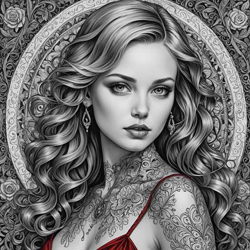 The image is a black and white portrait of a woman with long blonde hair wearing a red dress. The background features an intricate floral design that adds depth and complexity to the scene.