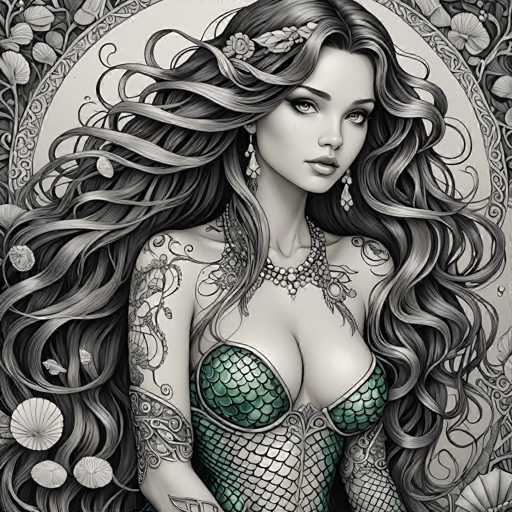 This image is a detailed, computer-generated illustration of a young woman with long, wavy hair that cascades down to her waist. Her hair is adorned with flowers, and she wears a distinctive green top that resembles fish scales, complemented by a matching green corset. The woman's attire includes a choker necklace and long, dangly earrings. She has numerous tattoos on her arms, shoulders, and chest, featuring intricate designs of vines, leaves, and flowers. The background is a black and white sketch with a circular frame, decorated with seashells and floral patterns, enhancing the contrast and making the green elements of her outfit stand out. The overall style of the image is reminiscent of a fantasy or comic book character, with a blend of realism and artistic embellishments.
