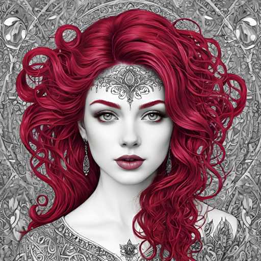 This image features a strikingly beautiful woman with an ethereal appearance. Her skin is exceptionally pale, almost giving her a ghostly look, while her lips are painted a vivid red. Her eyes are a captivating grayish-green, framed by bold red eyebrows. She has long, wavy red hair that cascades down to her shoulders, adding to her captivating presence.

Adorning her forehead is an intricate piece of jewelry that resembles a tiara, with a central teardrop-shaped element and a diamond-like shape at the top. The jewelry extends down to her nose, creating a delicate yet elaborate frame. She wears long, dangling earrings that complement her ornate attire.

Her dress is equally elaborate, featuring a high collar and a deep neckline that reveals her shoulders. The dress is adorned with intricate patterns, including floral designs and swirling lines, adding to the overall ornate aesthetic of the image. The background is a continuation of these swirling patterns, enhancing the dreamlike quality of the scene.