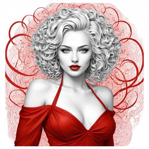 This image is a detailed, computer-generated illustration of a woman with a striking appearance. She has very pale skin and voluminous, curly blonde hair that is styled in a high ponytail. Her eyes are a light blue or gray, and she wears bright red lipstick that contrasts vividly with her complexion. She is dressed in a red, low-cut dress with thin straps that go over her shoulders, and the dress features a unique detail: a long sleeve that covers her right arm while leaving her left shoulder bare. The background is a blend of intricate red and pink swirls, adding a dynamic and somewhat surreal quality to the image. The overall style is reminiscent of a comic book or graphic novel, with a focus on the woman's dramatic and eye-catching features.