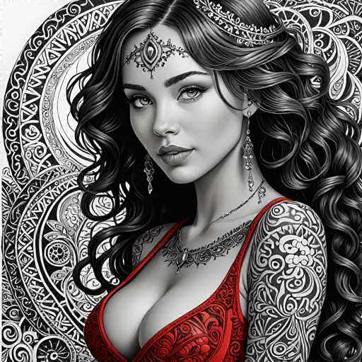 This image features a striking black and white portrait of a woman with long, wavy black hair cascading down her back. She is adorned with an intricate headpiece that includes a jewel-like ornament on her forehead, complemented by dangling earrings and a necklace with a prominent pendant. The woman's attire is a red dress with a deep neckline, revealing her cleavage, and it is embellished with black floral patterns. Her right shoulder is covered in elaborate black and white tattoos, which extend down her arm. The background is a complex array of geometric shapes, circles, and lines, creating a visually captivating and somewhat surreal atmosphere. The overall composition is highly detailed and ornate, with the woman's face and upper body being the focal point, while the rest of the image is filled with intricate black and white designs.