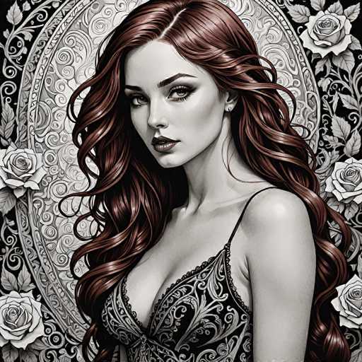 This image features a striking, computer-generated portrait of a woman with long, wavy brown hair that cascades down to her waist. She is depicted in a black and white style, with the exception of her hair, which adds a vibrant touch of color to the composition. The woman is wearing a black, lacy nightgown adorned with intricate floral patterns, and her makeup is meticulously applied, highlighting her dark eyes and full lips. She gazes directly at the viewer, exuding a sense of confidence and allure.

The background is richly detailed, featuring a black backdrop with an elaborate, ornate design. This design includes a large oval shape filled with intricate swirls and floral patterns, surrounded by a border of white roses. Additional white roses are scattered around the edges of the image, enhancing the overall elegance and sophistication of the portrait. The combination of the detailed background and the woman's captivating presence creates a visually stunning and memorable image.