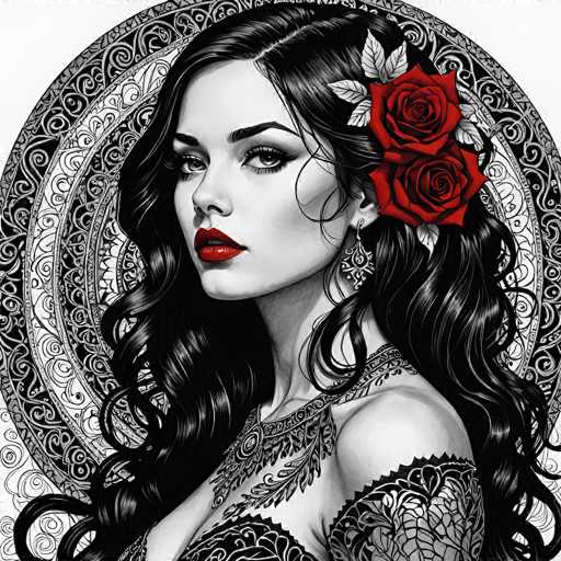 This image is a detailed, black-and-white drawing of a woman with long, wavy black hair that cascades down to her waist. She is depicted from the chest up, with her head slightly turned to the left, gazing directly at the viewer. Her striking features include dark eyebrows, large eyes, and full lips adorned with vivid red lipstick. She wears a black dress with intricate white patterns, and her shoulders are bare. A prominent tattoo of roses and leaves decorates her left shoulder and arm. Her ears are adorned with large, ornate earrings that feature a circular design with a line through the middle. In her hair, two red roses with green leaves are artfully placed. The background is a complex, circular pattern composed of various shades of gray, white, and black, adding depth and texture to the composition.