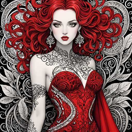 This image is a detailed, computer-generated illustration of a woman with striking features. She has long, flowing red hair that cascades down to her shoulders, framing her face. Her complexion is very pale, almost white, with a stark contrast to her vibrant red lips and the red dress she wears. Her eyes are a captivating grayish-green, adding to her enigmatic appearance.

The woman is adorned with intricate black and white tattoos that cover her neck, chest, and arms. These tattoos feature elaborate patterns of leaves, vines, and flowers, giving her a mystical and ethereal look. She wears large, dangling earrings that are white and black, adding to her elegant yet otherworldly aesthetic.

Her dress is a strapless, low-cut red gown with black and white swirls and floral designs, perfectly complementing her tattoos. The dress appears to be form-fitting, accentuating her figure. A red cape or shawl drapes over her left arm, adding a touch of regality to her ensemble.

The background of the image is a black and white swirl of intricate patterns, leaves, and flowers, which enhances the overall mystical and ethereal atmosphere of the illustration. The woman's expression is neutral, with her gaze directed straight at the viewer, creating a sense of intrigue and captivating attention.