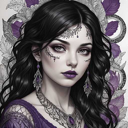 This image portrays a young woman with long, wavy black hair, styled in a gothic fantasy manner. She has striking gray eyes and wears dark purple lipstick. Her face is adorned with intricate jewelry, including a silver headpiece with dangling purple beads that sits on her forehead, and elaborate silver earrings with teardrop-shaped purple stones. Her cheeks feature delicate branch-like designs with small purple fruits. She is dressed in a purple gown with a deep neckline, and around her neck, she wears a silver necklace with a large purple gemstone. The background is a blend of black and white, with purple leaves and flowers adding to the ethereal atmosphere. The overall composition is highly detailed, with a focus on the ornate and mystical elements surrounding her.