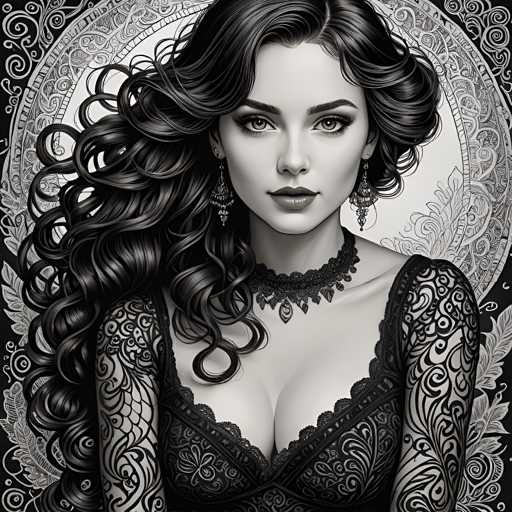 The image is a black and white portrait of a woman with long hair wearing a lace dress. The background features a circular pattern that adds depth to the composition.