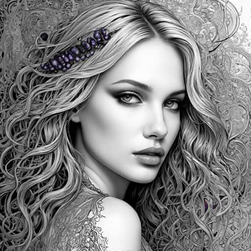 This black and white illustration features a young woman with long, wavy hair that cascades down to her waist. Her hair is adorned with a purple barrette on the left side, which adds a splash of color to the monochromatic scene. The woman is depicted from the shoulders up, with her body facing left while her head is turned to look directly at the viewer. She has a neutral expression, with slightly parted lips revealing her teeth. Her eyes are accentuated with dark eyeliner and mascara, and her eyebrows are thick and well-defined. She wears a lacy top that is visible on her shoulder, adding a touch of elegance to her appearance. The background is filled with intricate, swirling patterns that resemble vines or leaves, creating a textured and detailed backdrop that complements the overall composition.