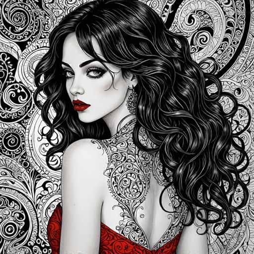 This image features a striking black and white illustration of a woman, with the exception of her lips, which are painted a vivid red. The woman has long, wavy black hair cascading down her back, and she is adorned with a large, ornate earring. She is dressed in a red dress that complements her lips, and her back is decorated with intricate black and white patterns. The background is filled with elaborate, swirling designs that add to the overall ornate and detailed aesthetic of the artwork.