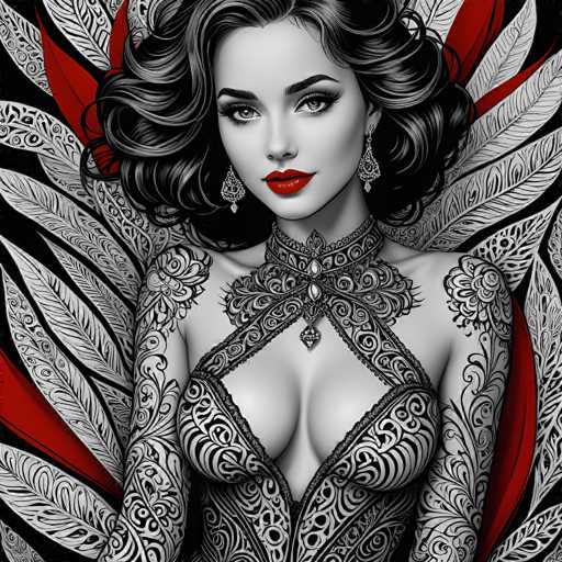This image is a detailed, black-and-white drawing of a woman with striking red lips and eyes. She has short, curly black hair and is adorned with large, dangling earrings. The woman is wearing an elaborate, lacy dress that features intricate floral and vine patterns, with a deep V-neckline that reveals her cleavage. The dress is complemented by a choker necklace with a pendant, and additional pendants hanging from the neckline. Her arms are covered in matching floral and vine tattoos that extend from her shoulders to her wrists. The background is filled with red and black feathers, adding a dramatic contrast to the monochromatic figure. The overall style of the drawing is reminiscent of a comic book or graphic novel, with a focus on the woman's detailed and ornate appearance.