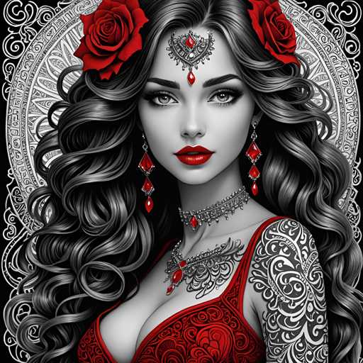 The image depicts a woman with long, dark hair wearing a red dress and earrings. She has a tattoo on her arm and is wearing a necklace that features large, sparkling stones. The background of the image is black and white, adorned with intricate designs and patterns.
